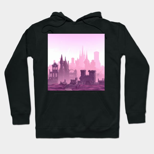 Synthwave Medieval City Landscape With a Purple and Pink Skyline Hoodie by FanciiFrog